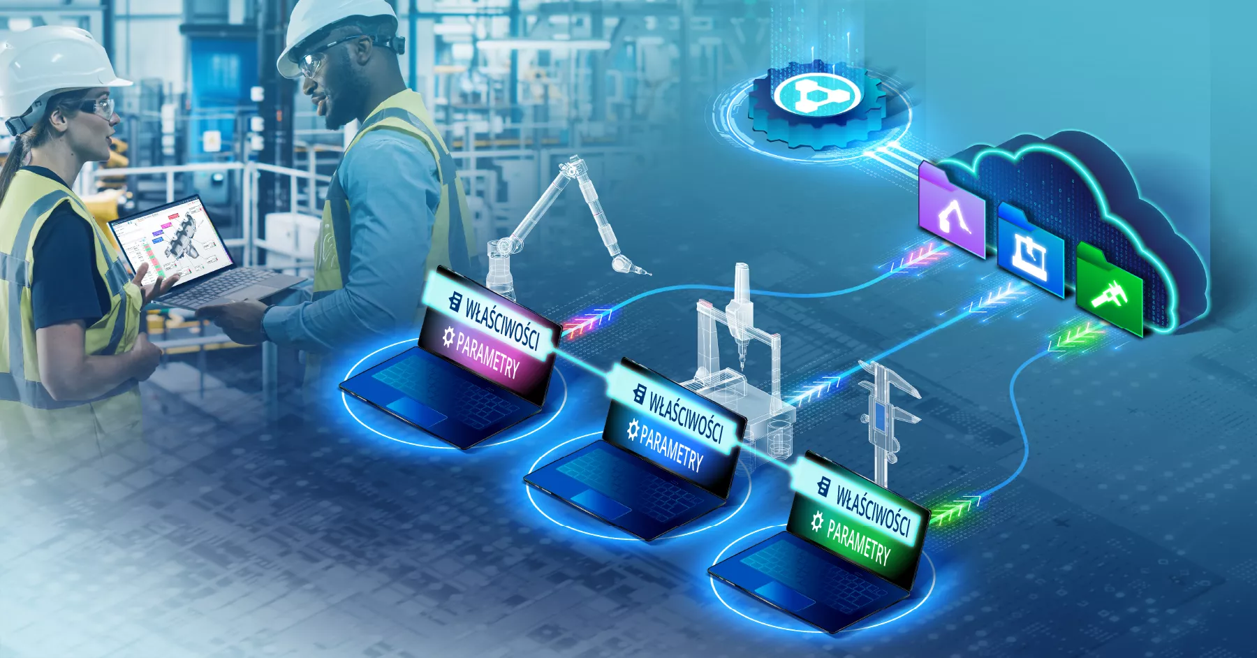 Schemat serwera podłączonego do PolyWorks|DataLoop 2025, zarządzającego dostępem i przechowywaniem danych pomiarowych 3D.