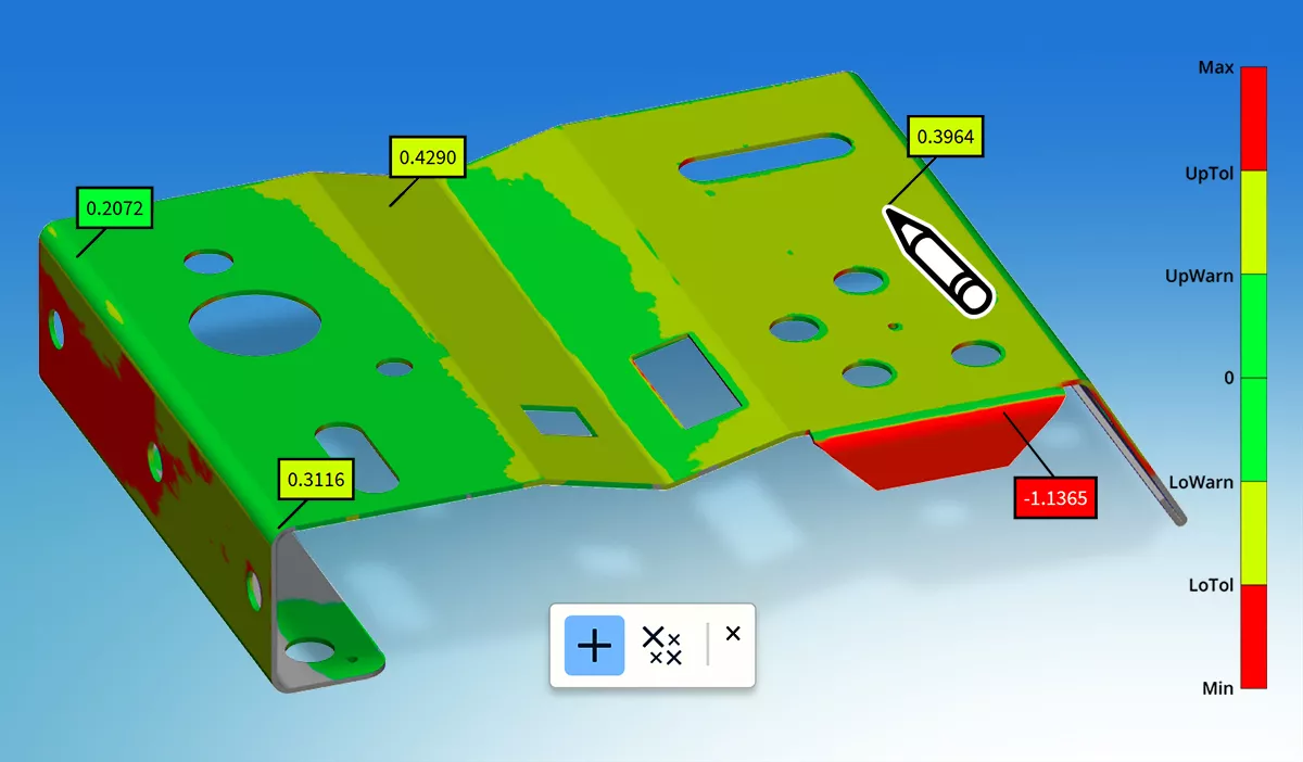 PolyWorks|DataLoop 2025 pozwala badać odchylenia powierzchni mierzonych elementów 3D poprzez interakcję z kolorowymi mapami.